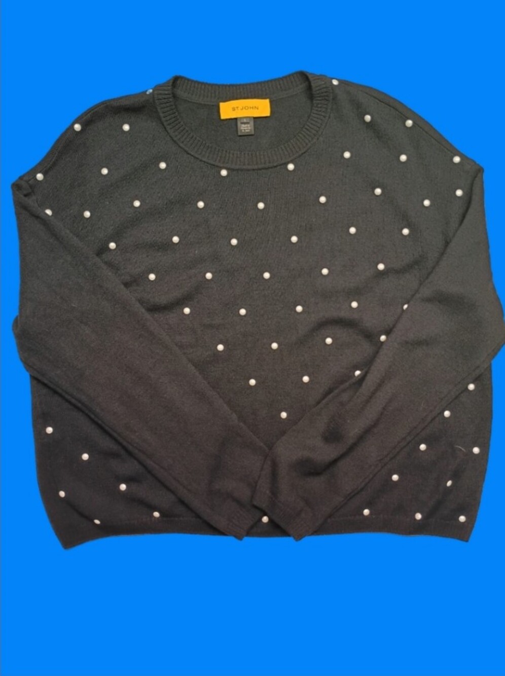 St. John Black Crewneck Sweater with Faux Pearl Dot Embellishments 90's - Picture 3 of 7